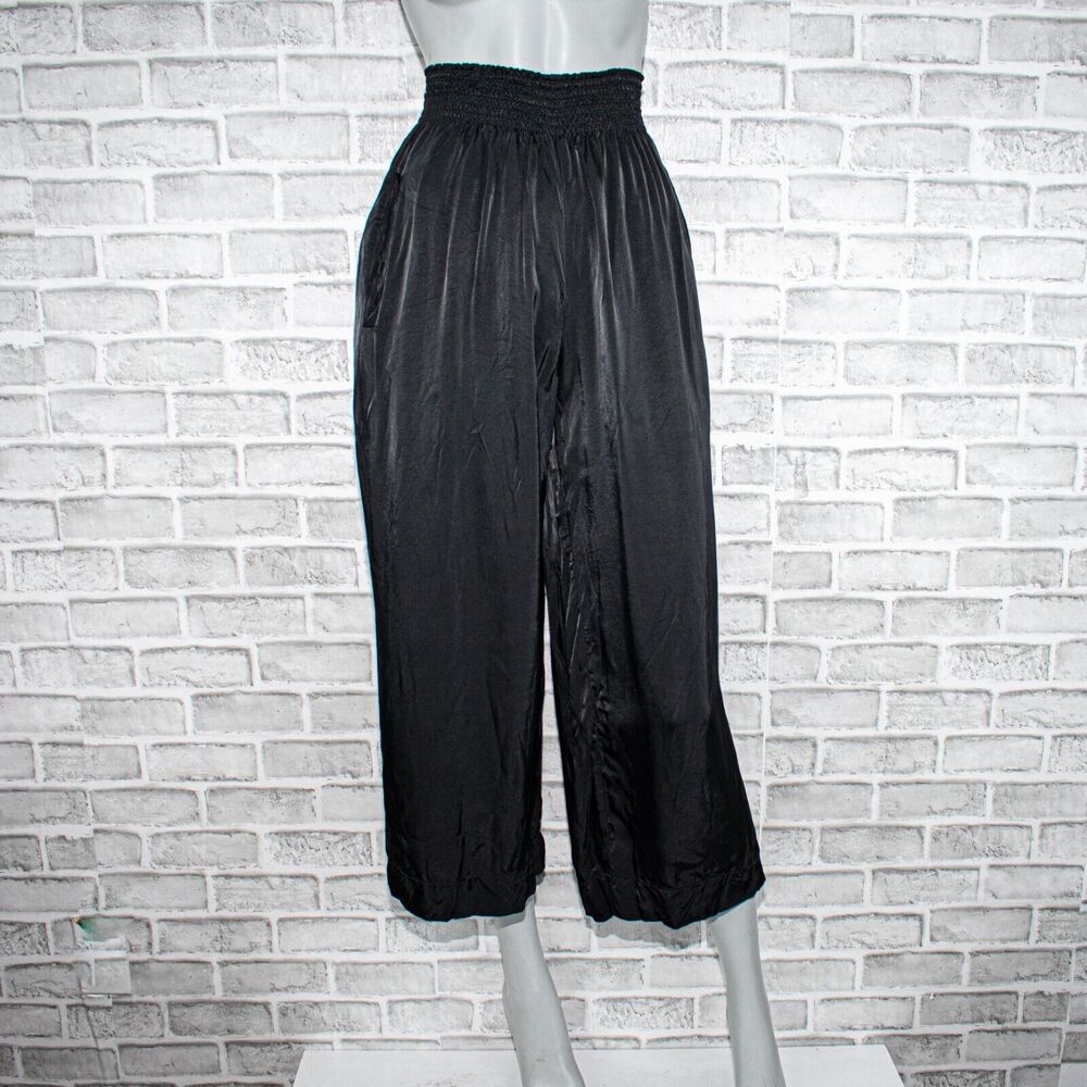 Forte Forte Black Satin Wide Leg Cropped Pants Smocked Waist Italy - Picture 2 of 11